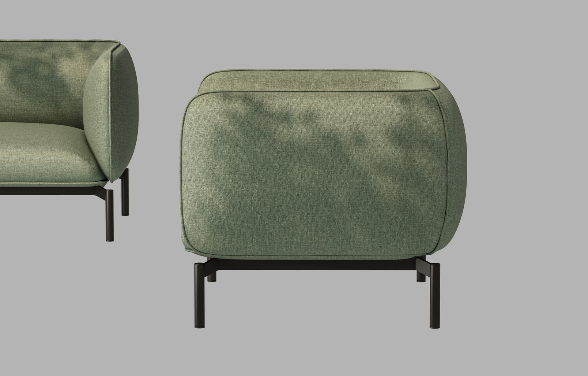 Плавные, органичные линии. Скруглённые подлокотники и объёмные элементы формируют уютную, обволакивающую геометрию